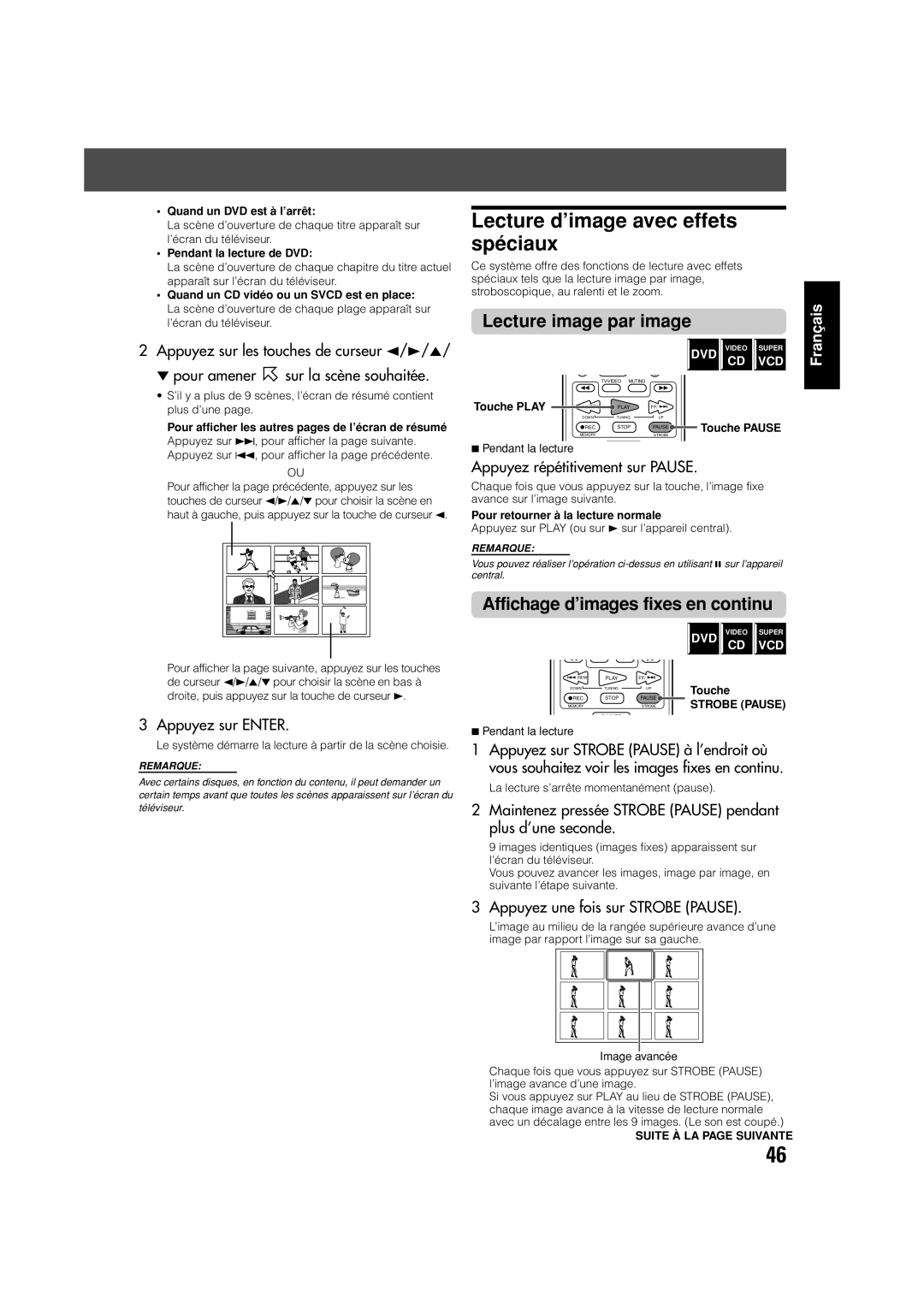 JVC TH-V70 manual Lecture d’image avec effets spéciaux, Lecture image par image, Affichage d’images fixes en continu 