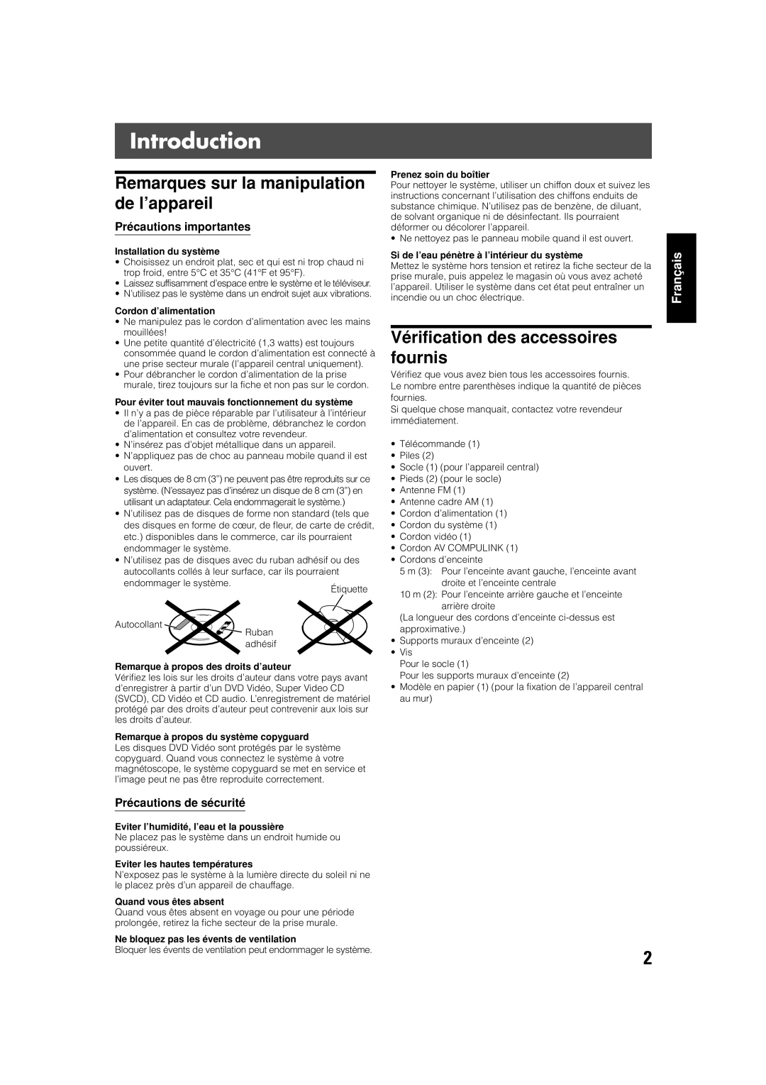 JVC TH-V70 manual Introduction, Remarques sur la manipulation de l’appareil, Vérification des accessoires fournis 