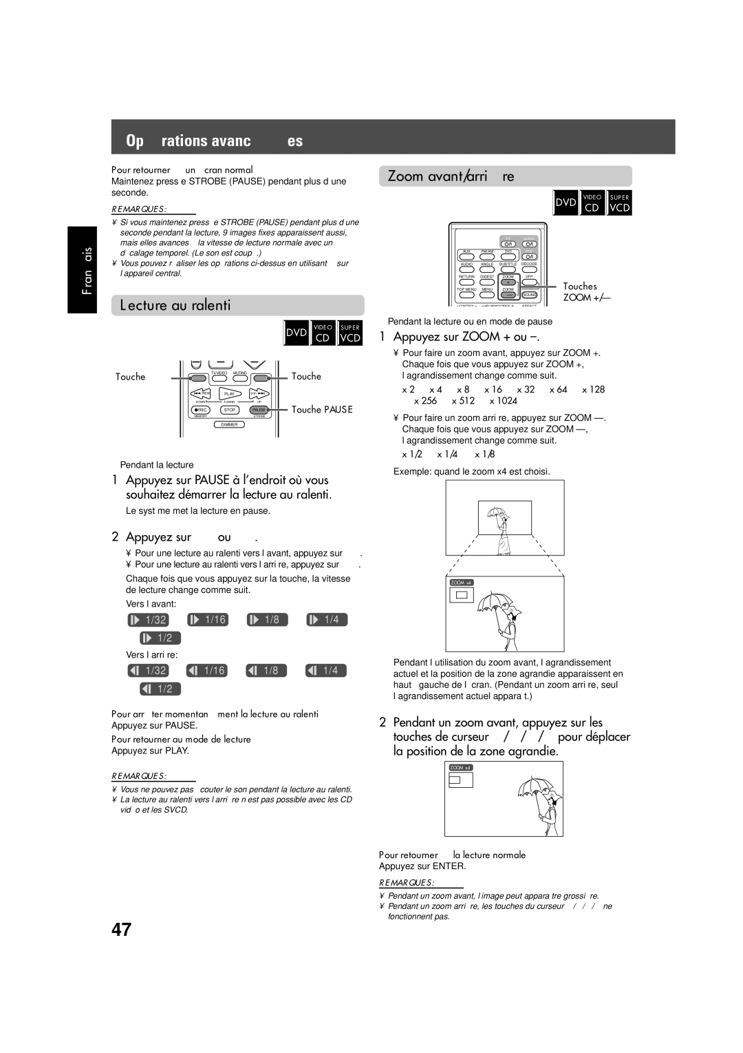 JVC TH-V70 manual Lecture au ralenti, Zoom avant/arrière, Appuyez sur ¡ ou, Appuyez sur Zoom + ou 