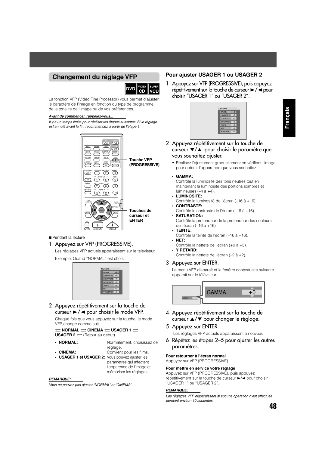 JVC TH-V70 manual Changement du réglage VFP, Appuyez sur VFP Progressive, Pour ajuster Usager 1 ou Usager 