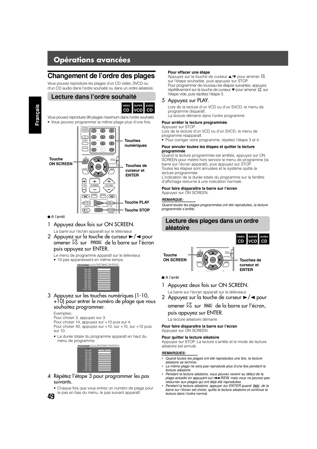 JVC TH-V70 Changement de l’ordre des plages, Lecture dans l’ordre souhaité, Lecture des plages dans un ordre aléatoire 