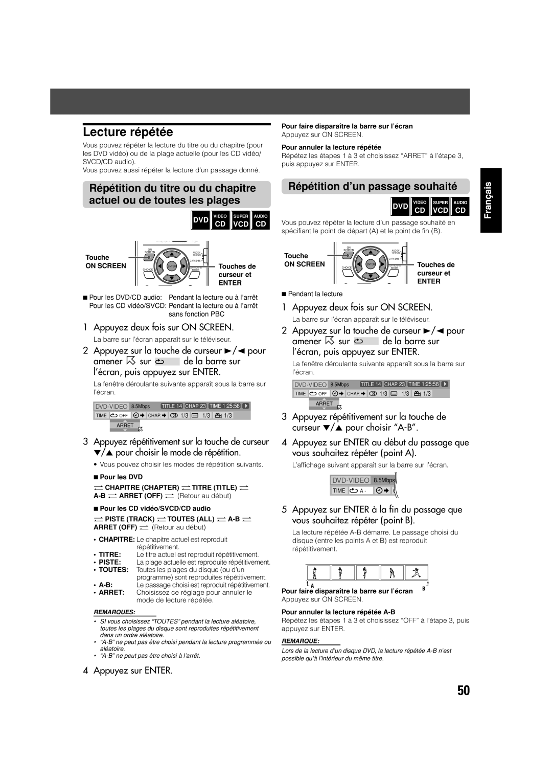 JVC TH-V70 manual Lecture répétée, Répétition d’un passage souhaité, Pour annuler la lecture répétée 