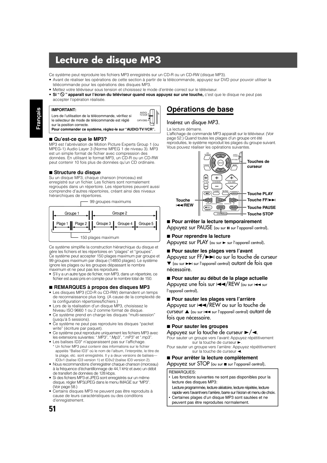 JVC TH-V70 manual Lecture de disque MP3, Opérations de base 