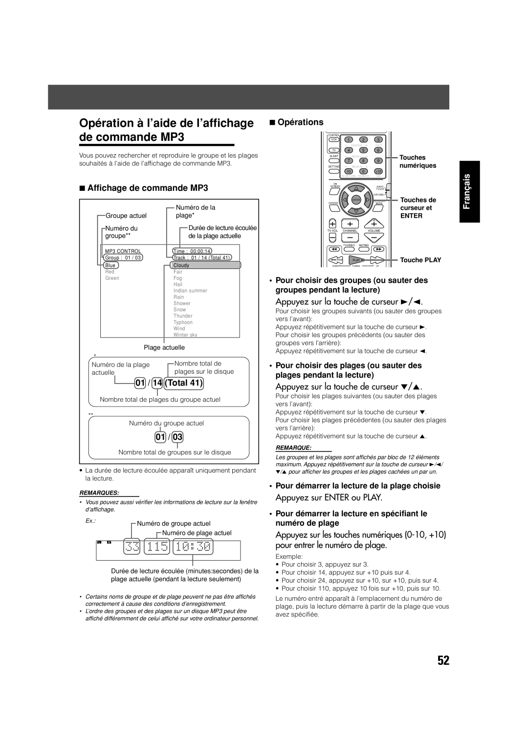 JVC TH-V70 manual Opération à l’aide de l’affichage de commande MP3, Affichage de commande MP3, 01 / 14 Total, Opérations 