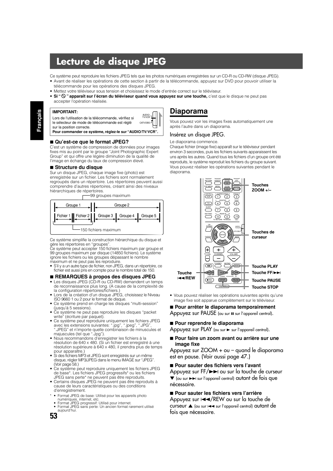 JVC TH-V70 manual Lecture de disque Jpeg, Diaporama, Insérez un disque Jpeg 