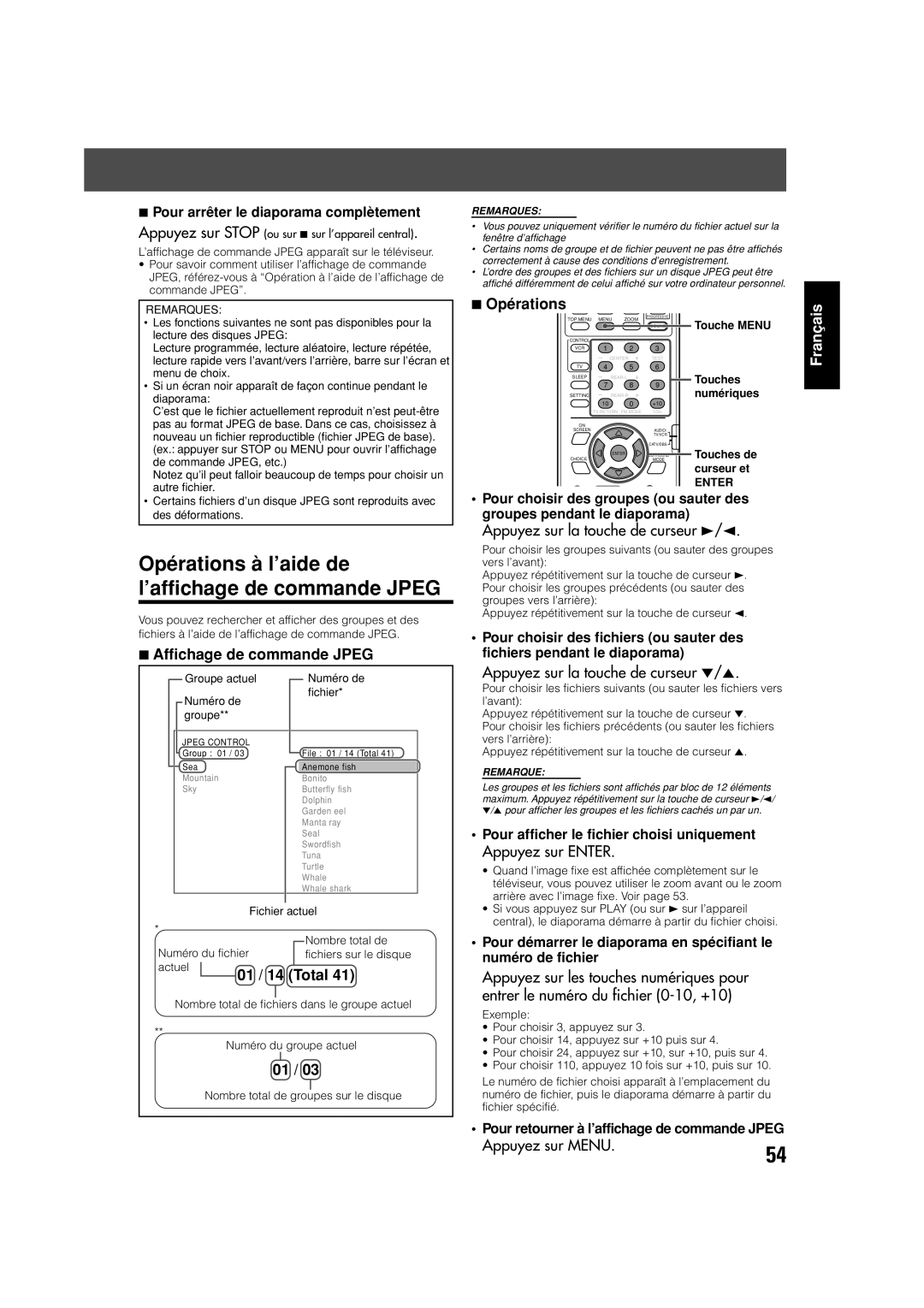 JVC TH-V70 manual Opérations à l’aide de ’affichage de commande Jpeg, Affichage de commande Jpeg, Appuyez sur Menu 