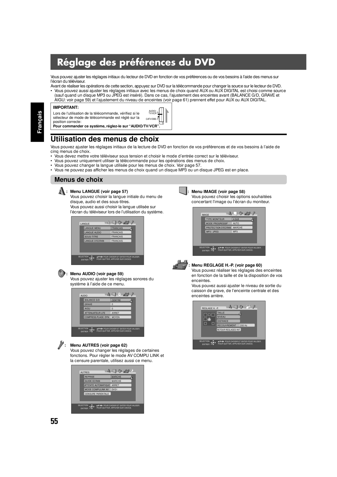 JVC TH-V70 manual Réglage des préférences du DVD, Utilisation des menus de choix, Menus de choix 