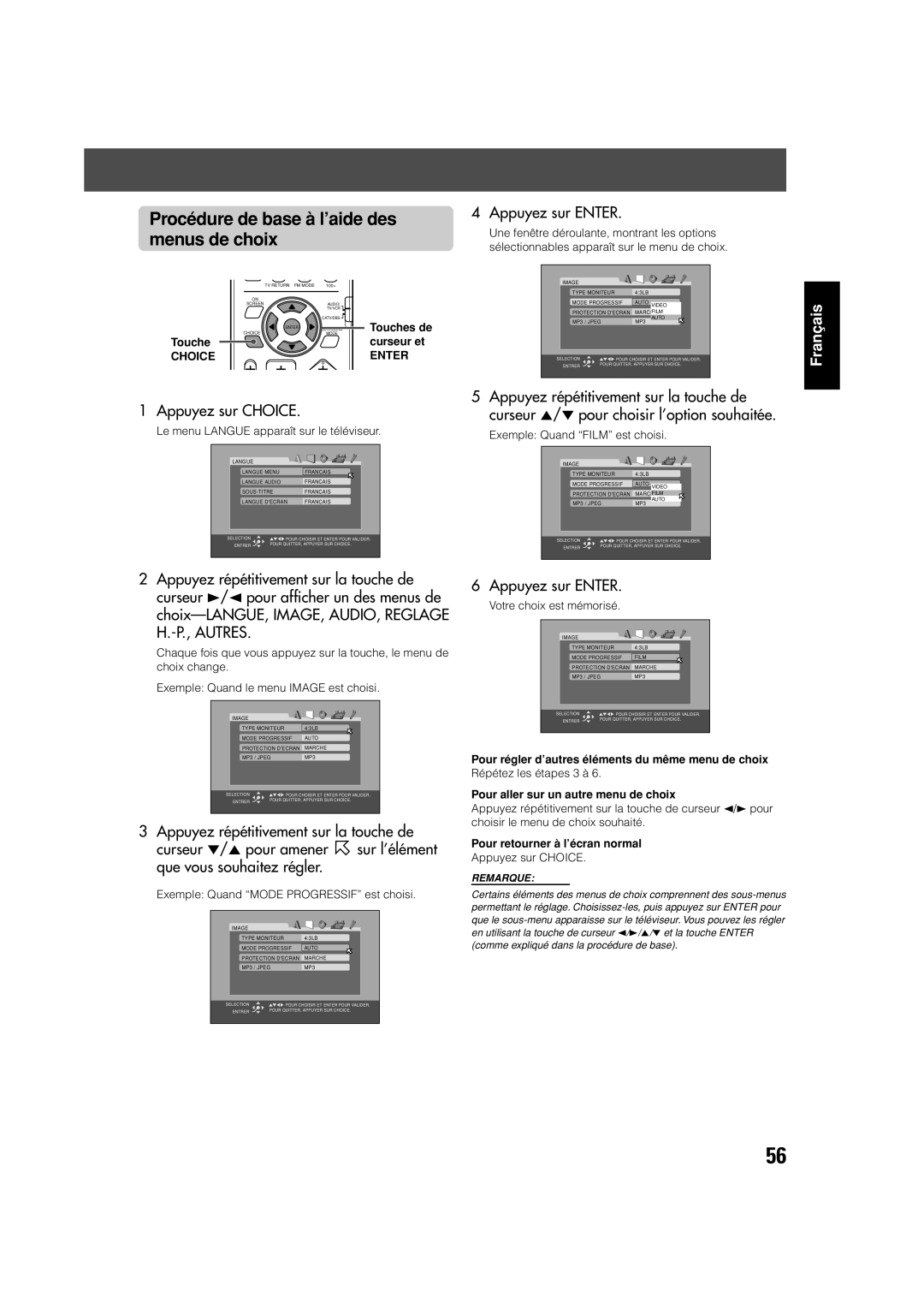 JVC TH-V70 manual Procédure de base à l’aide des menus de choix, Appuyez sur Choice, Choice Enter 