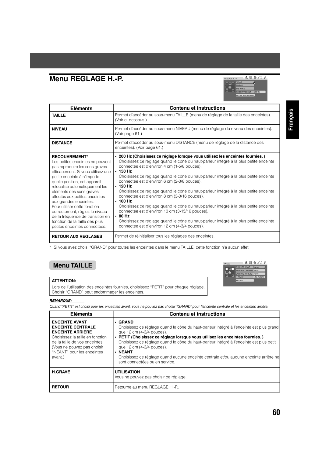 JVC TH-V70 manual Menu Reglage H.-P, Menu Taille 