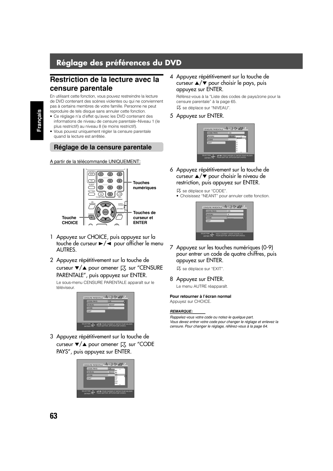 JVC TH-V70 manual Restriction de la lecture avec la censure parentale, Réglage de la censure parentale, Touche Curseur et 