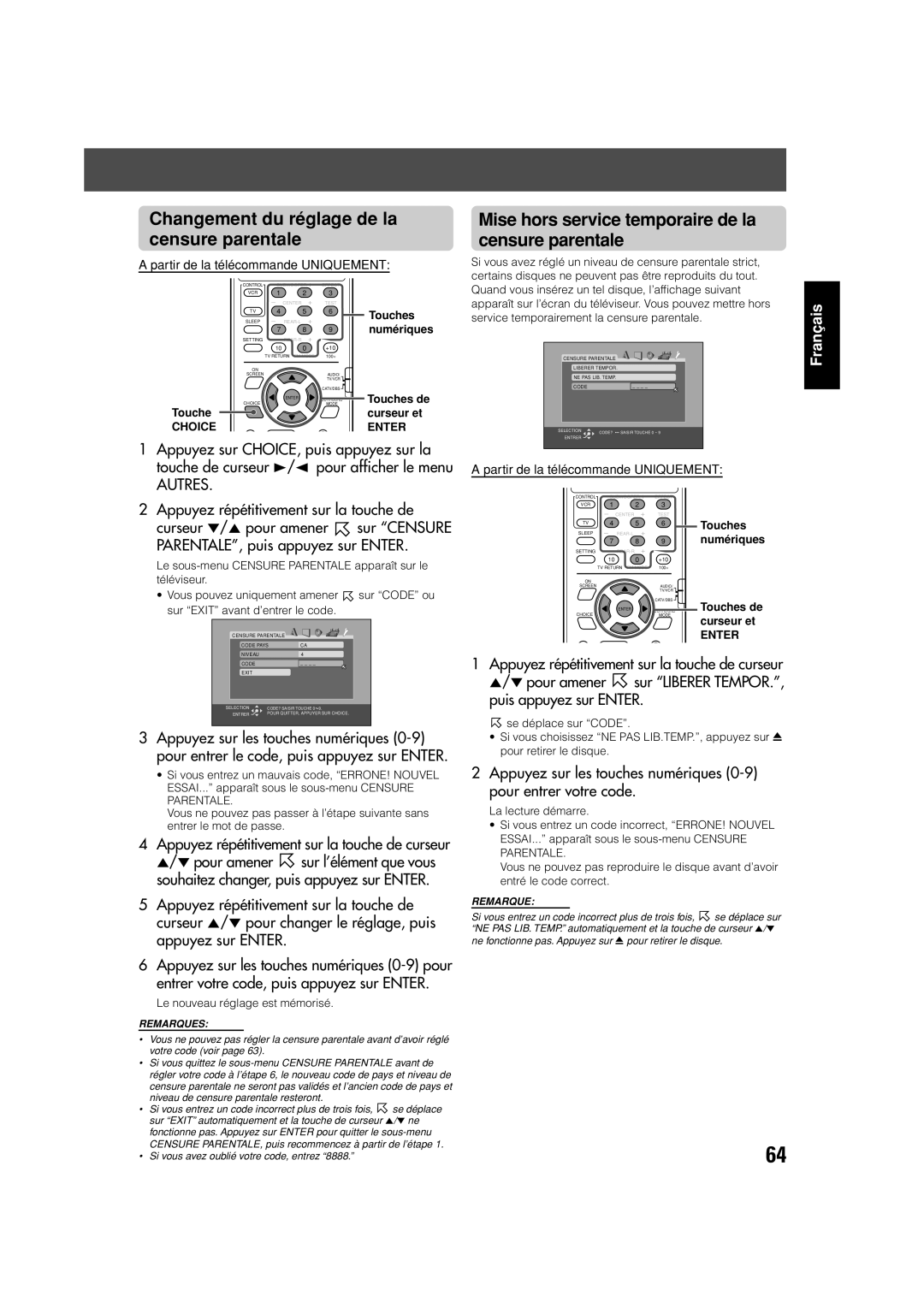 JVC TH-V70 manual Changement du réglage de la censure parentale, Mise hors service temporaire de la censure parentale 