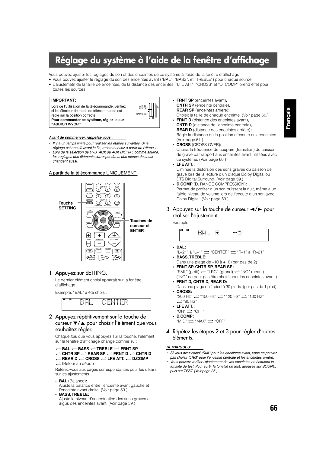 JVC TH-V70 manual Réglage du système à l’aide de la fenêtre d’affichage, Appuyez sur Setting 