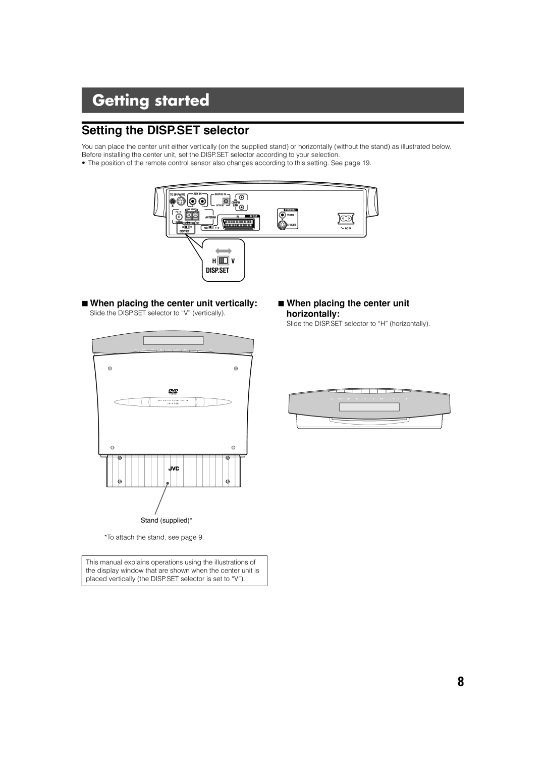 JVC TH-V70R manual Getting started, Setting the DISP.SET selector, When placing the center unit vertically, Disp.Set 