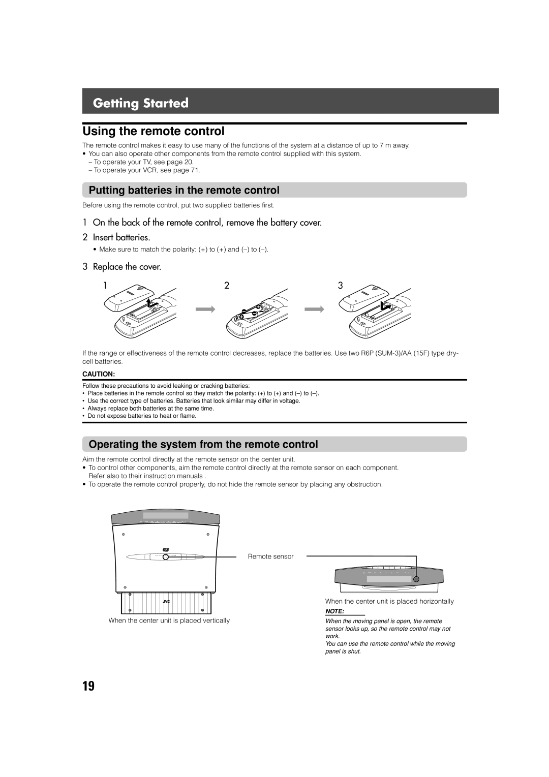 JVC TH-V70R manual Using the remote control, Putting batteries in the remote control, Replace the cover 