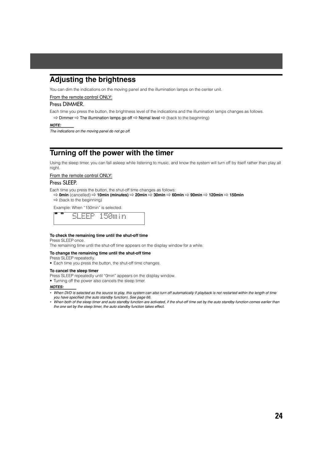 JVC TH-V70R manual Adjusting the brightness, Turning off the power with the timer, Press Dimmer, Press Sleep 