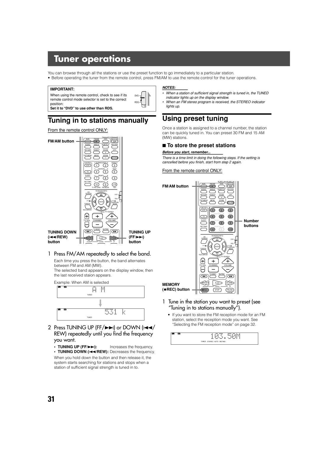 JVC TH-V70R Tuner operations, Tuning in to stations manually, Using preset tuning, To store the preset stations 