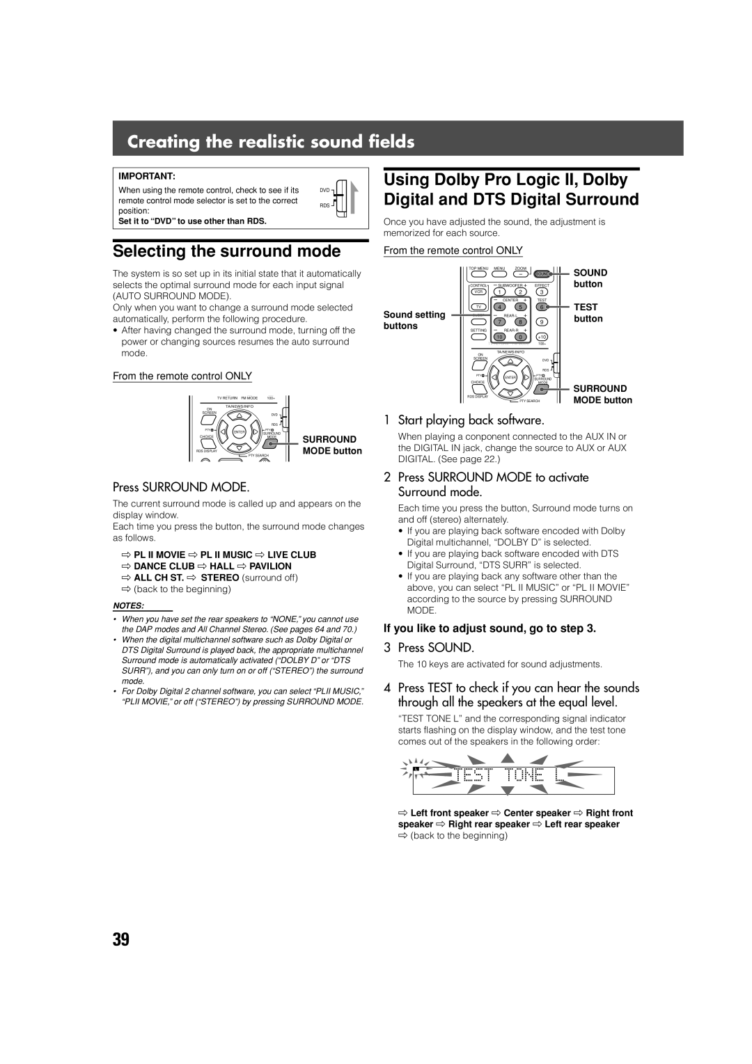 JVC TH-V70R manual Creating the realistic sound fields, Selecting the surround mode 