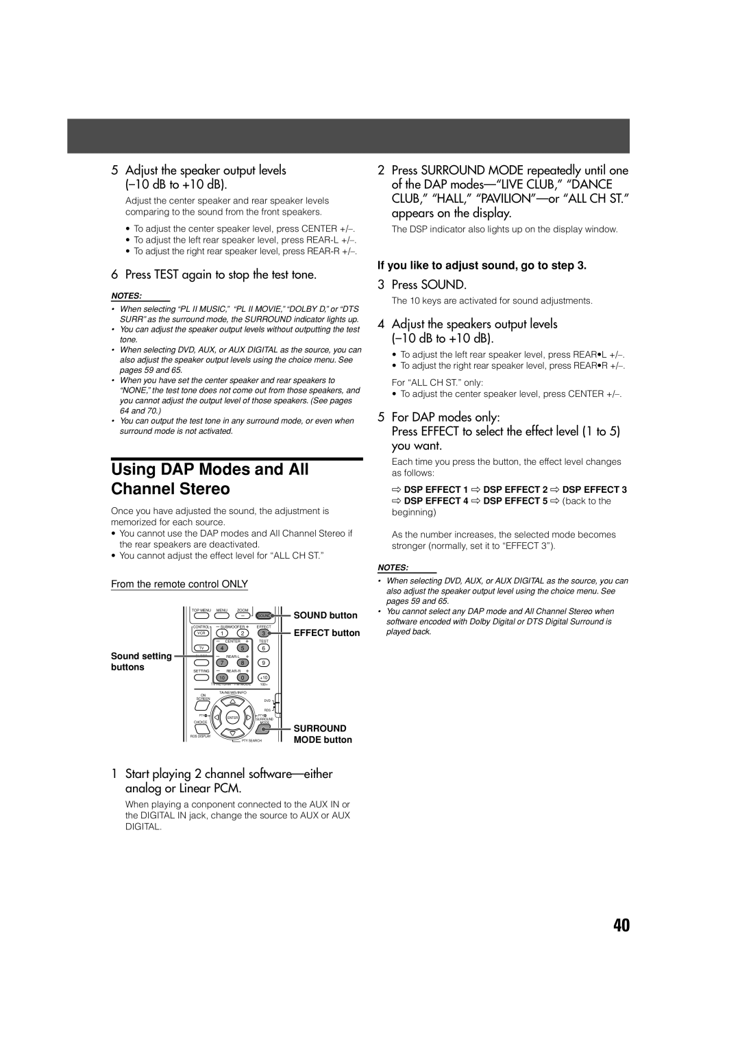 JVC TH-V70R manual Using DAP Modes and All Channel Stereo, Adjust the speaker output levels -10 dB to +10 dB 