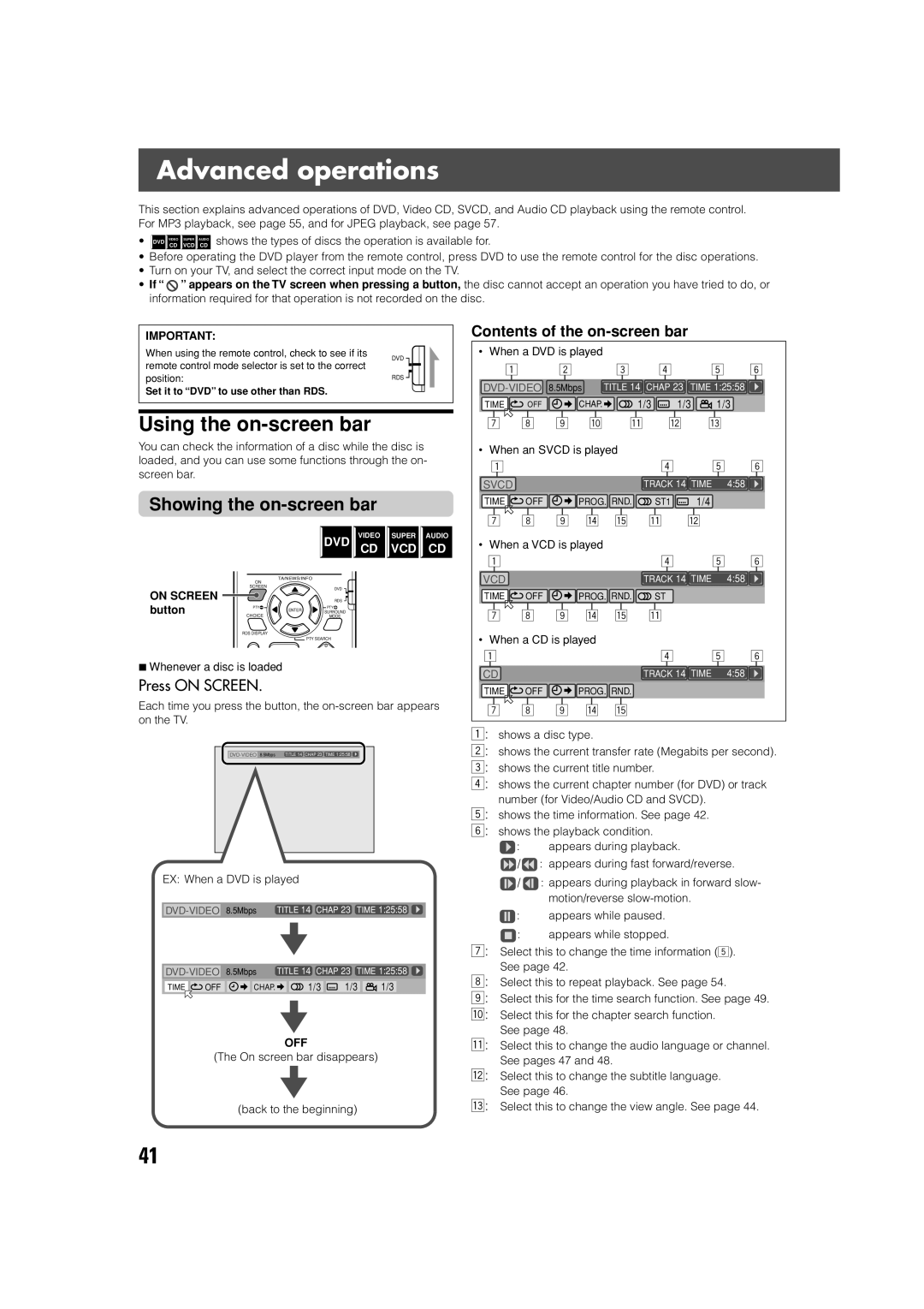 JVC TH-V70R manual Advanced operations, Using the on-screen bar, Showing the on-screen bar, Contents of the on-screen bar 