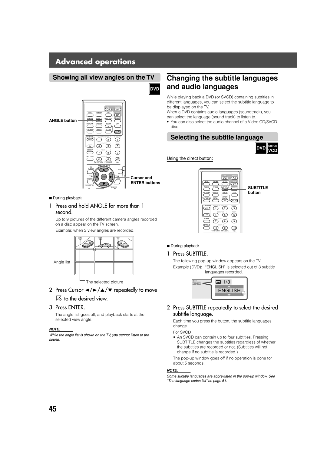 JVC TH-V70R manual Changing the subtitle languages and audio languages, Showing all view angles on the TV 