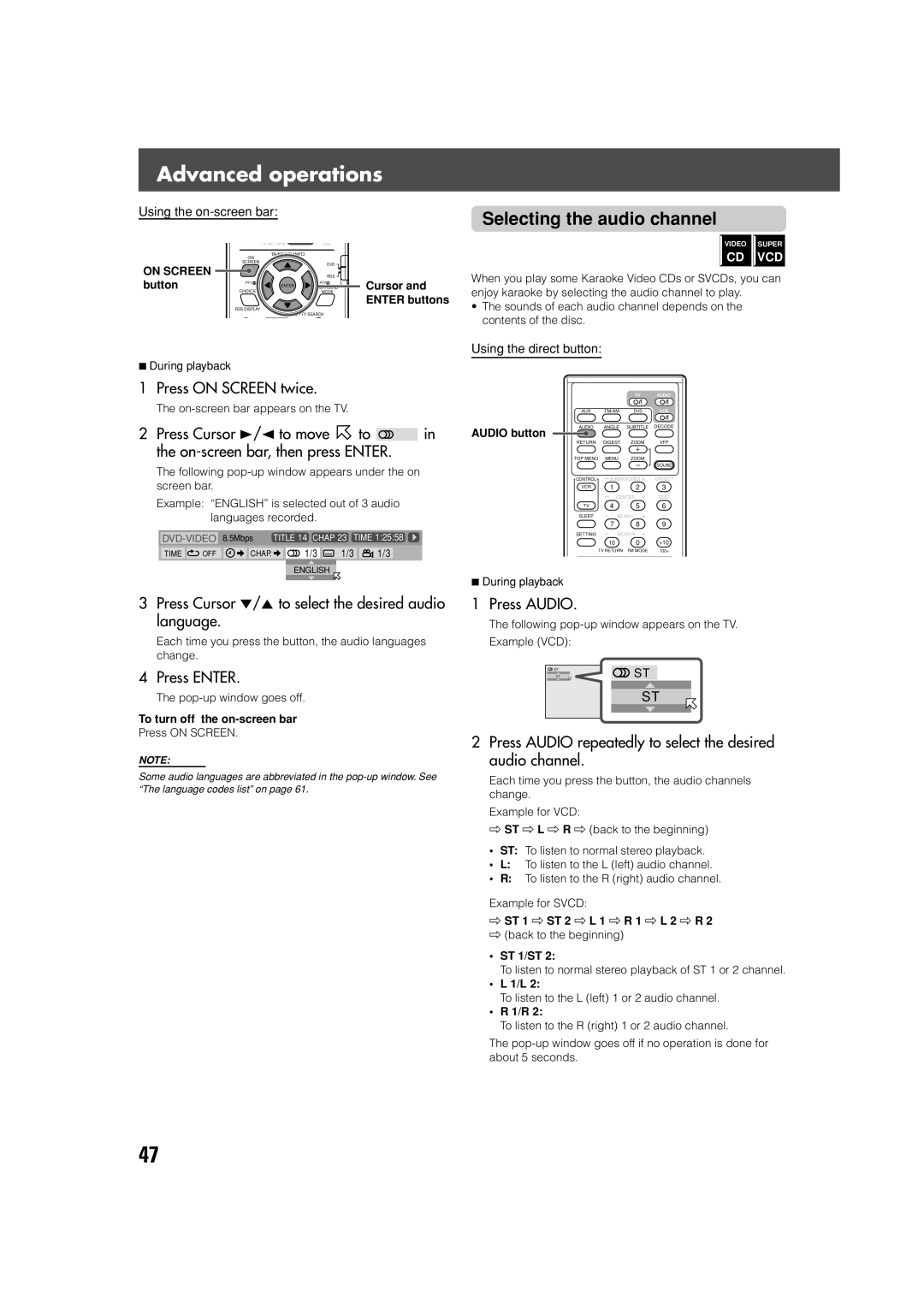 JVC TH-V70R Selecting the audio channel, Press Cursor ∞/5 to select the desired audio language, ST 1 ST 2 L 1 R 1 L 2 R 