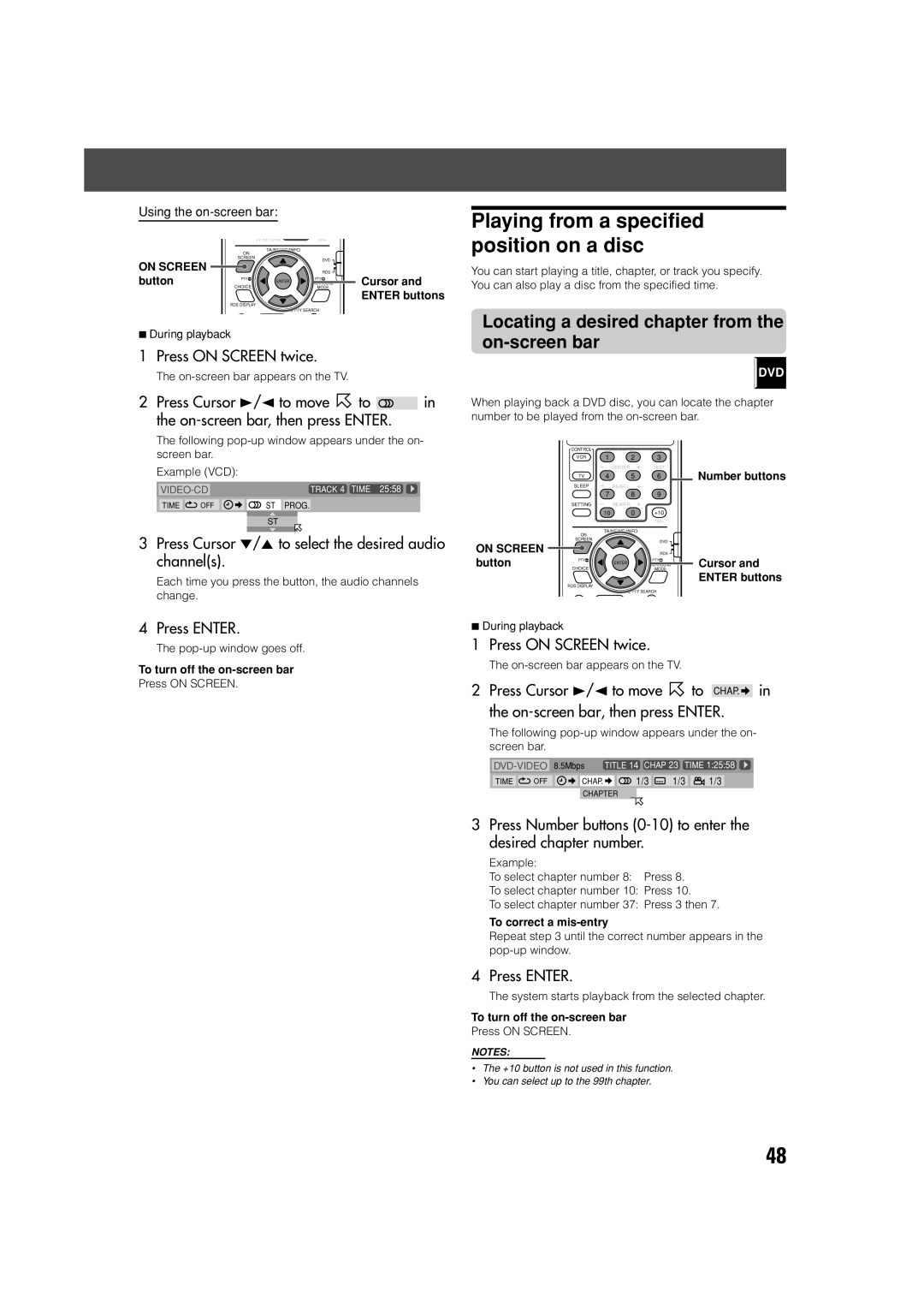 JVC TH-V70R manual Playing from a specified position on a disc, Locating a desired chapter from the on-screen bar 