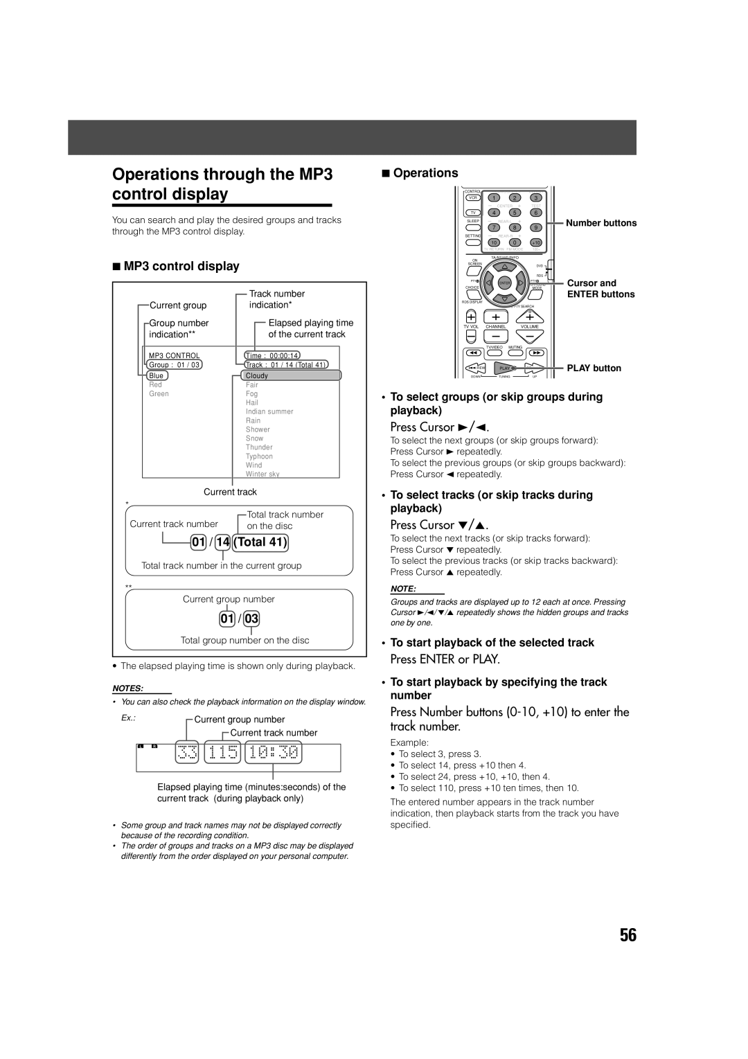 JVC TH-V70R manual Operations through the MP3 control display, 01 / 14 Total 