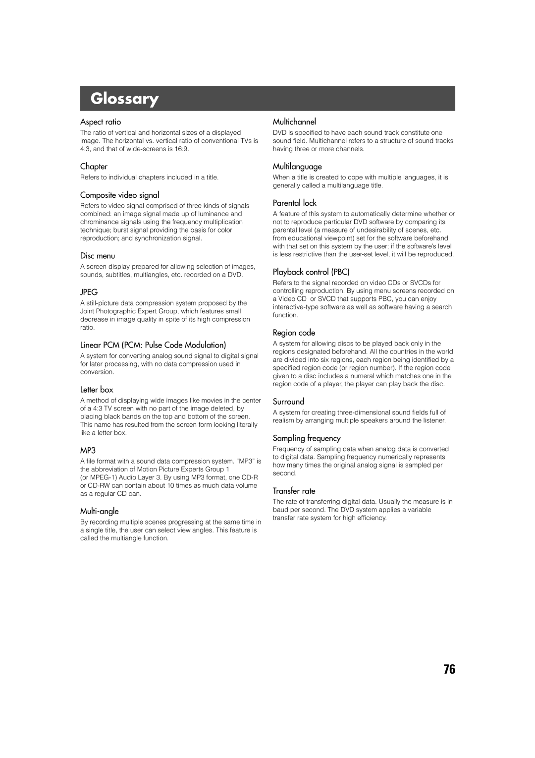 JVC TH-V70R manual Glossary, Refers to individual chapters included in a title 