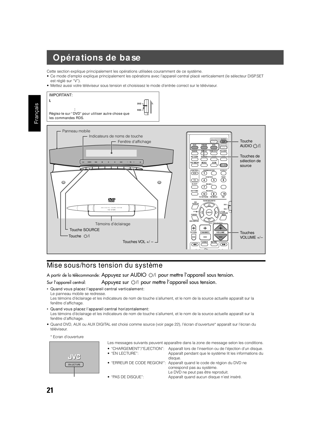 JVC TH-V70R manual Opérations de base, Mise sous/hors tension du système, Audio 