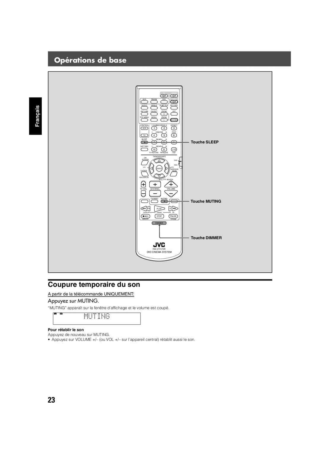 JVC TH-V70R Opérations de base, Coupure temporaire du son, Appuyez sur Muting, Touche Sleep Touche Muting Touche Dimmer 