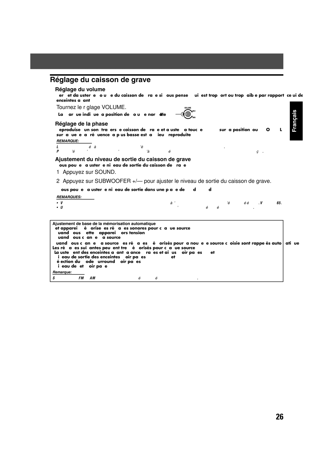 JVC TH-V70R manual Réglage du caisson de grave, Réglage du volume, Tournez le réglage Volume, Réglage de la phase 