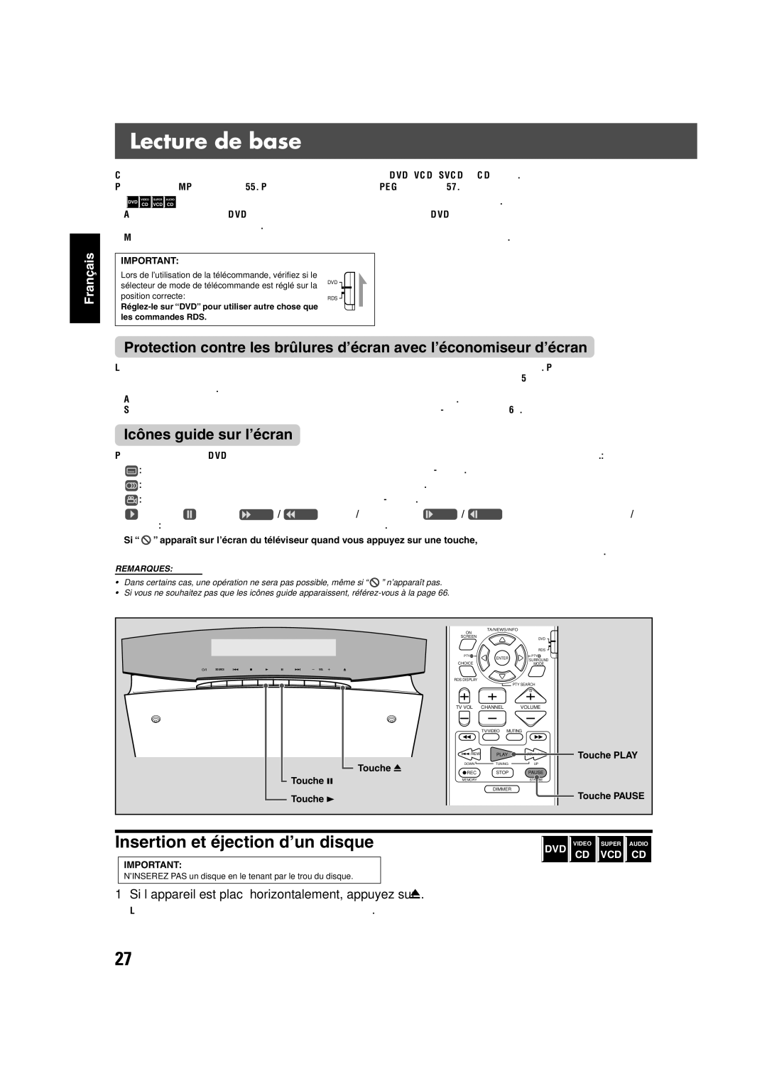 JVC TH-V70R manual Lecture de base, Icônes guide sur l’écran, Si l’appareil est placé horizontalement, appuyez sur 