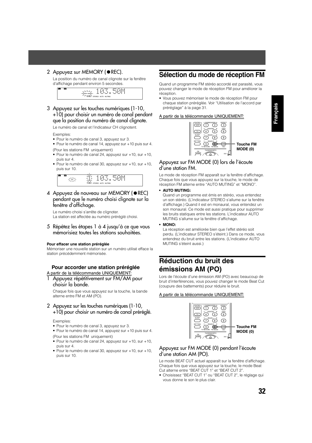 JVC TH-V70R Sélection du mode de réception FM, Réduction du bruit des émissions AM PO, Pour accorder une station préréglée 