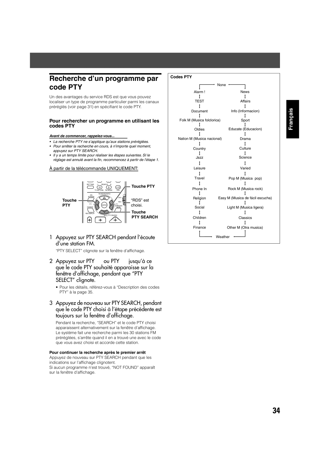 JVC TH-V70R Recherche d’un programme par code PTY, Appuyez sur PTY Search pendant l’écoute d’une station FM, Touche PTY 