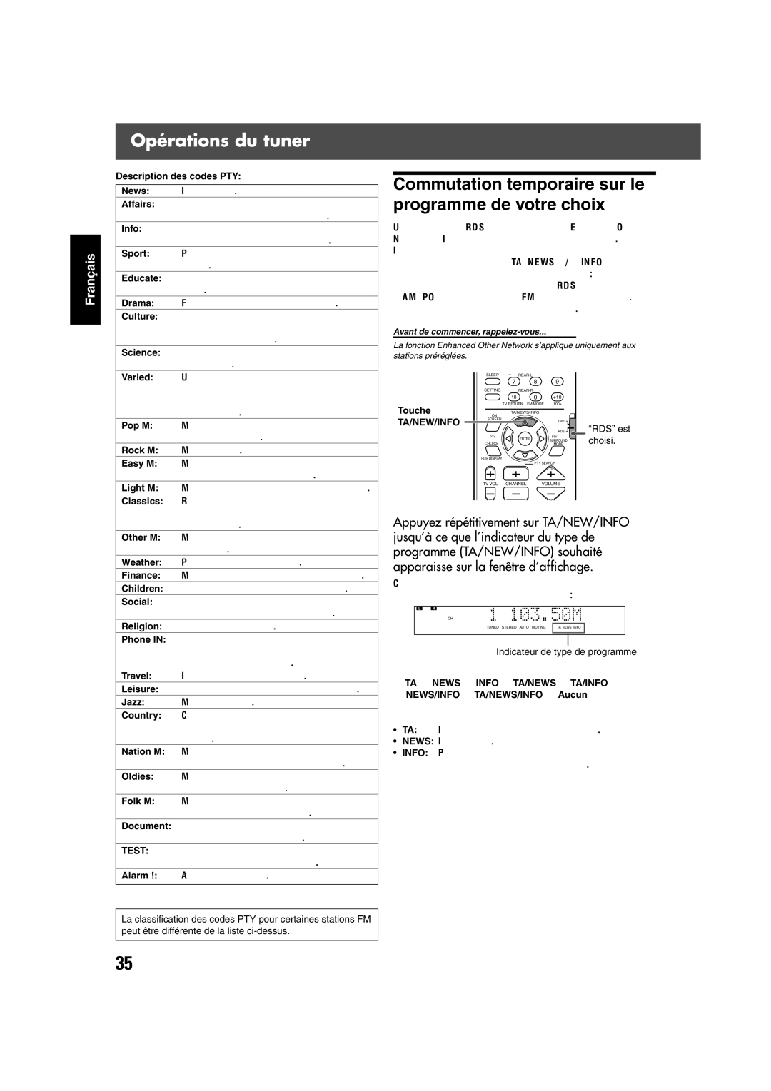 JVC TH-V70R manual Commutation temporaire sur le programme de votre choix, Description des codes PTY, Ta/New/Info 