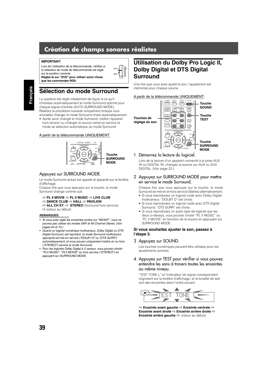 JVC TH-V70R manual Création de champs sonores réalistes, Démarrez la lecture du logiciel, Appuyez sur Surround Mode 