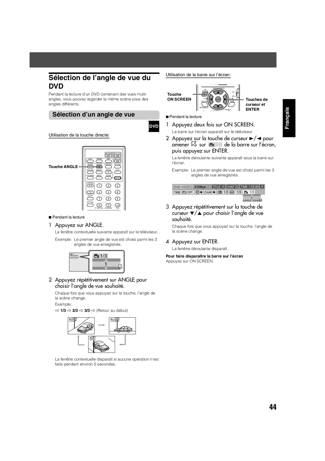 JVC TH-V70R manual Sélection de l’angle de vue du, Sélection d’un angle de vue, Appuyez sur Angle, Touche Angle 