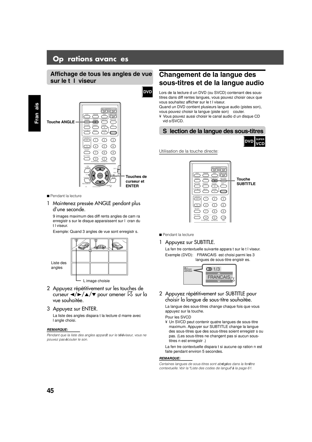 JVC TH-V70R manual Affichage de tous les angles de vue sur le téléviseur, Sélection de la langue des sous-titres 