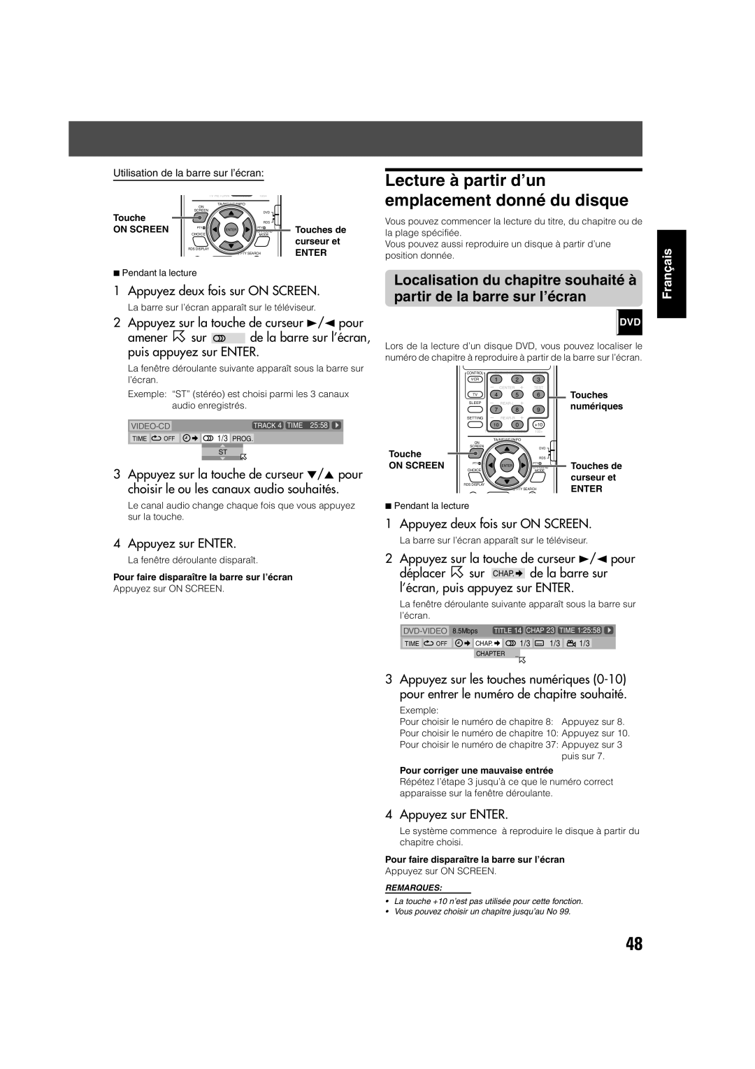 JVC TH-V70R manual Lecture à partir d’un emplacement donné du disque, Localisation du chapitre souhaité à 