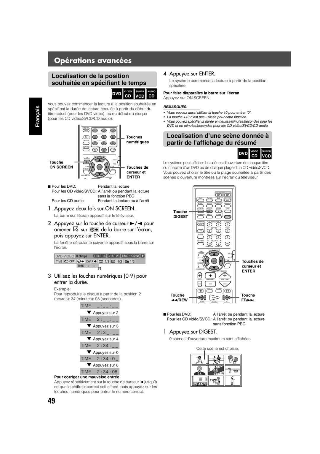 JVC TH-V70R Utilisez les touches numériques 0-9 pour entrer la durée, Appuyez sur Digest, ∞ Appuyez sur, Pour les DVD 