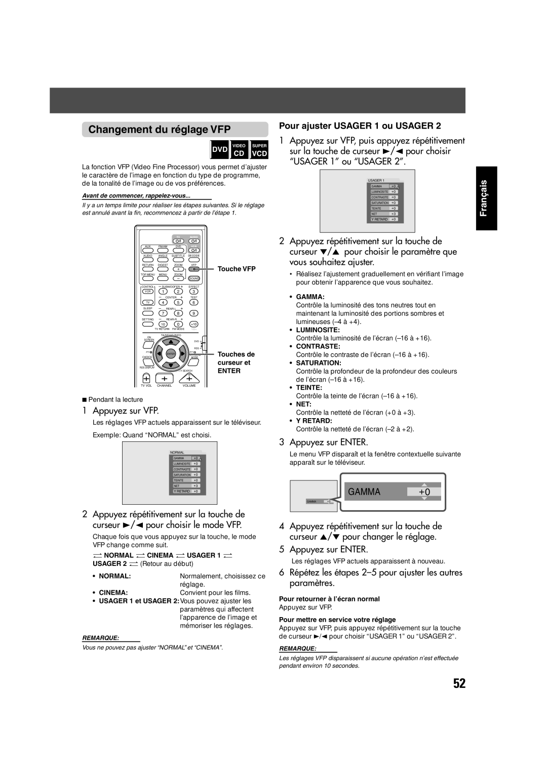 JVC TH-V70R manual Changement du réglage VFP, Appuyez sur VFP, Pour ajuster Usager 1 ou Usager 