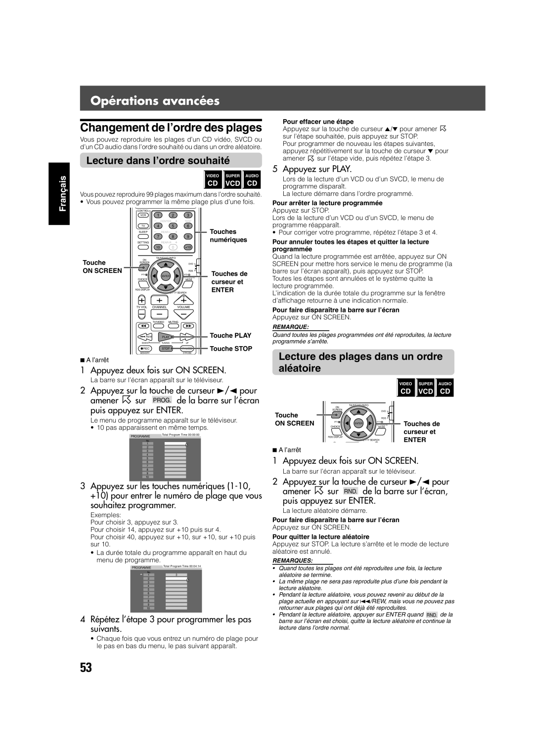 JVC TH-V70R Changement de l’ordre des plages, Lecture dans l’ordre souhaité, Lecture des plages dans un ordre aléatoire 