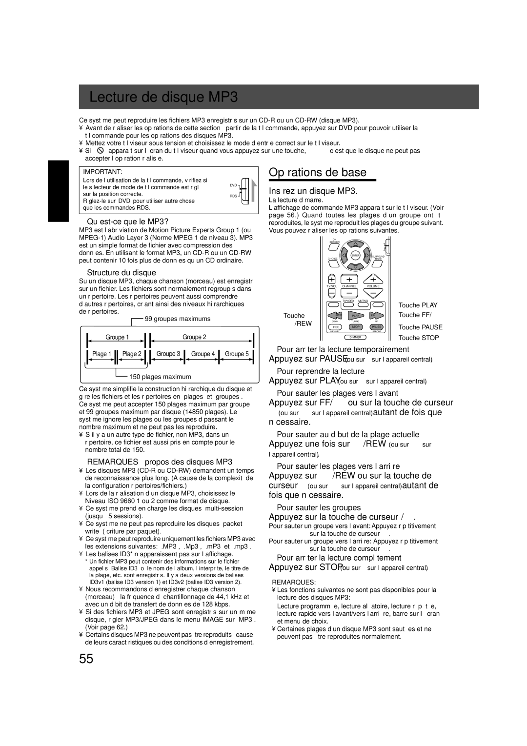 JVC TH-V70R manual Lecture de disque MP3, Opérations de base 