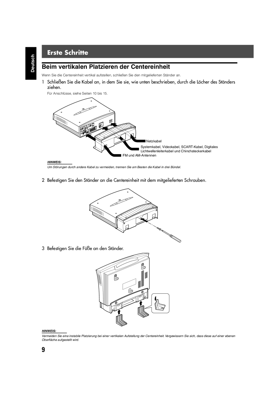 JVC TH-V70R manual Erste Schritte, Beim vertikalen Platzieren der Centereinheit, Befestigen Sie die Füße an den Ständer 