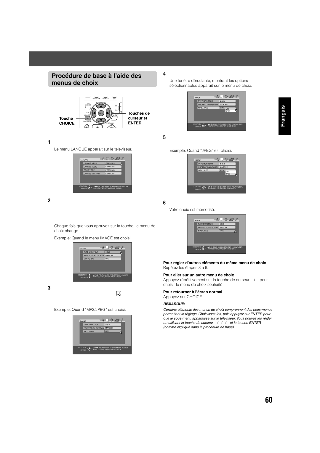 JVC TH-V70R manual Procédure de base à l’aide des menus de choix, Appuyez sur Choice, Choice Enter 