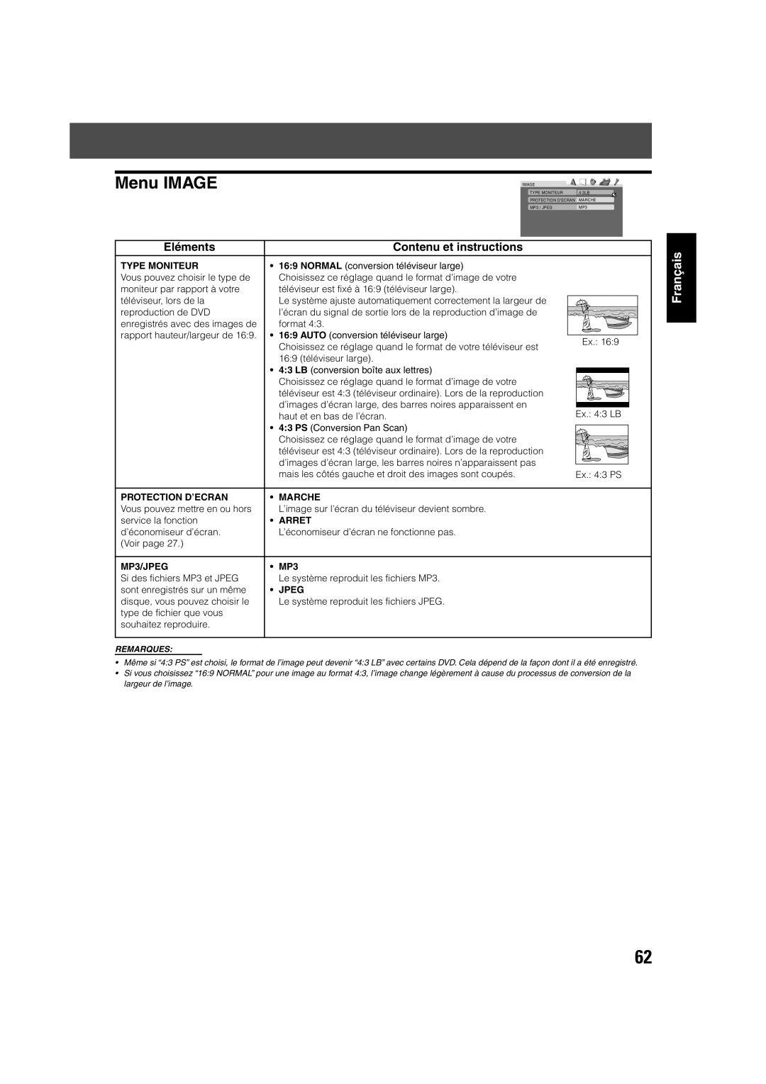 JVC TH-V70R manual Menu Image, Type Moniteur, Protection D’ECRAN Marche 