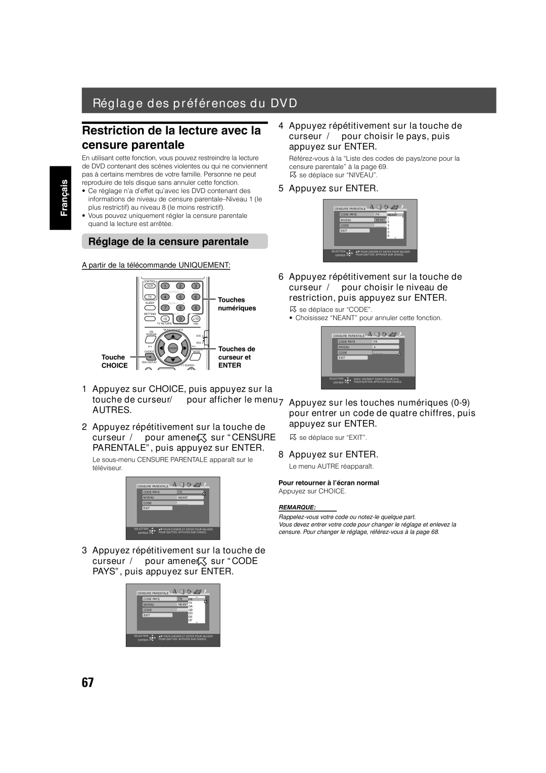 JVC TH-V70R manual Restriction de la lecture avec la censure parentale, Réglage de la censure parentale, Touche Curseur et 