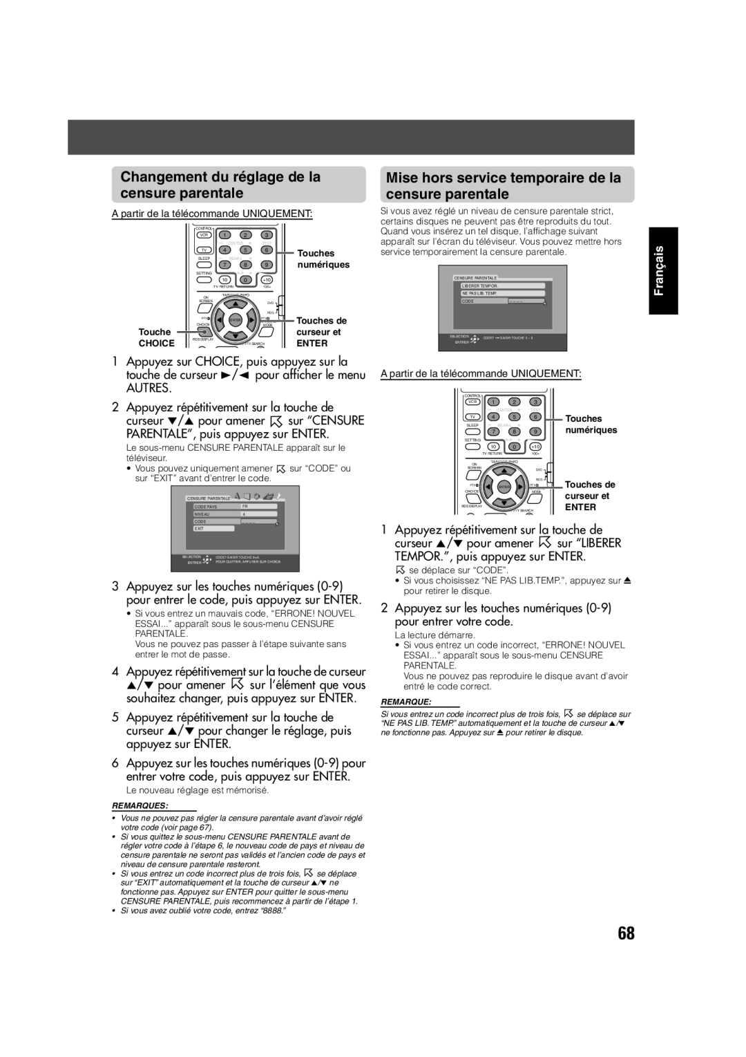 JVC TH-V70R manual Changement du réglage de la censure parentale, Mise hors service temporaire de la censure parentale 