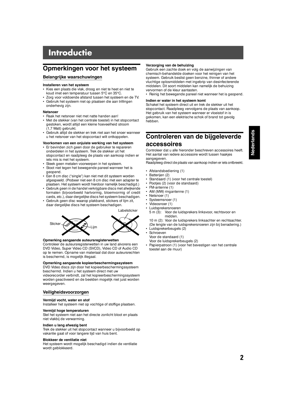 JVC TH-V70R Introductie, Opmerkingen voor het systeem, Controleren van de bijgeleverde accessoires, Veiligheidsvoorzorgen 