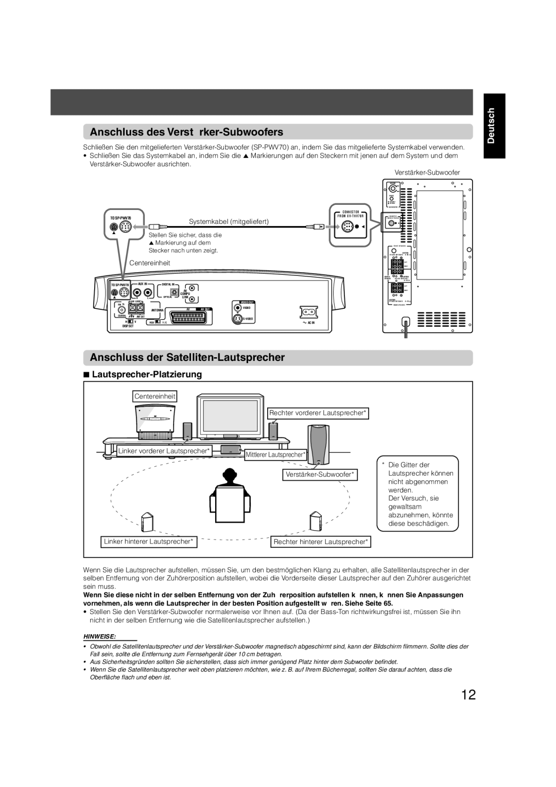 JVC TH-V70R manual Anschluss des Verstärker-Subwoofers, Anschluss der Satelliten-Lautsprecher, Lautsprecher-Platzierung 